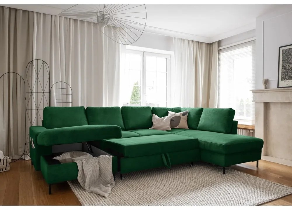 Divano letto angolare in velluto a coste verde scuro (angolo destro) Lofty Lilly - Miuform