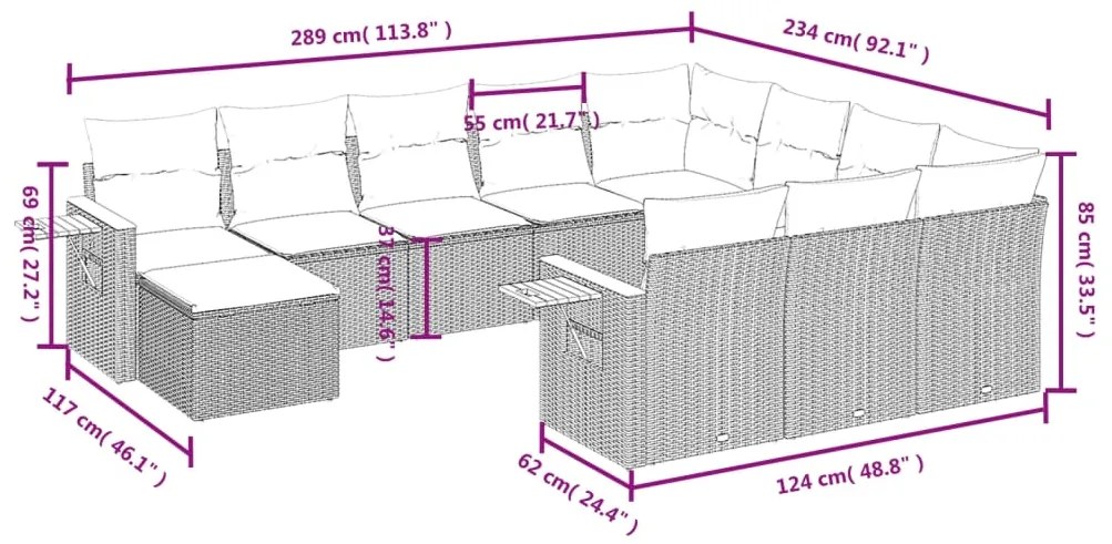 Set divani da giardino 11 pz con cuscini in polyrattan nero