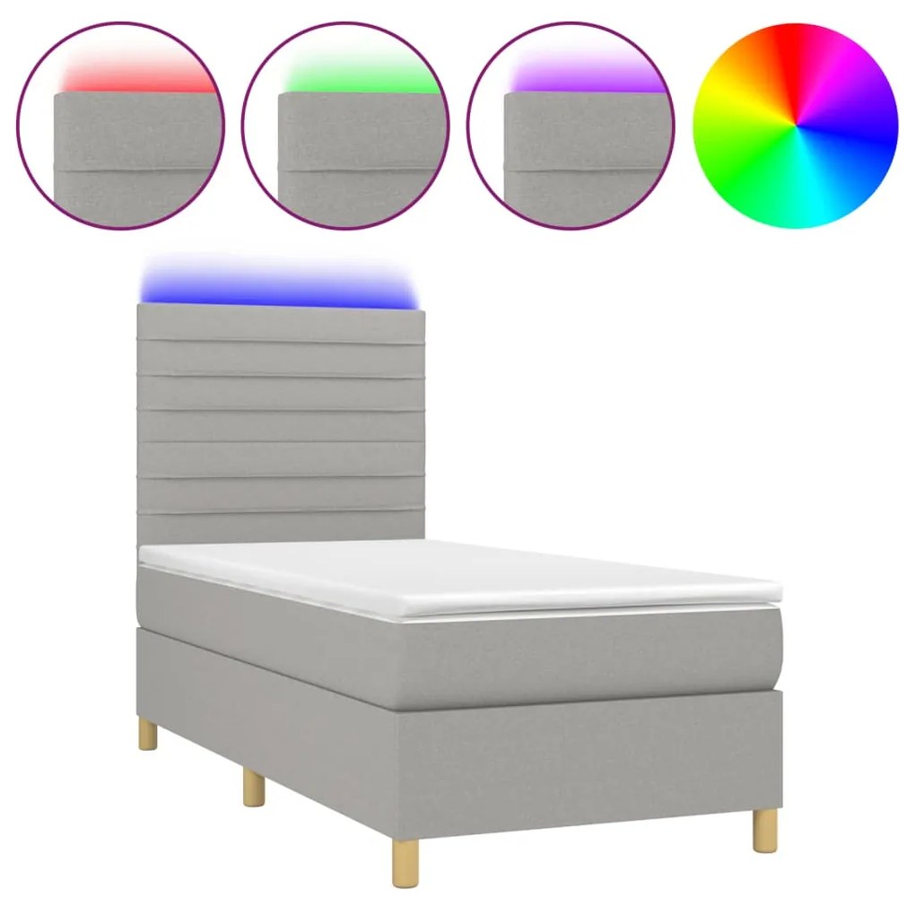 Letto a molle materasso e led grigio chiaro 80x200 cm tessuto