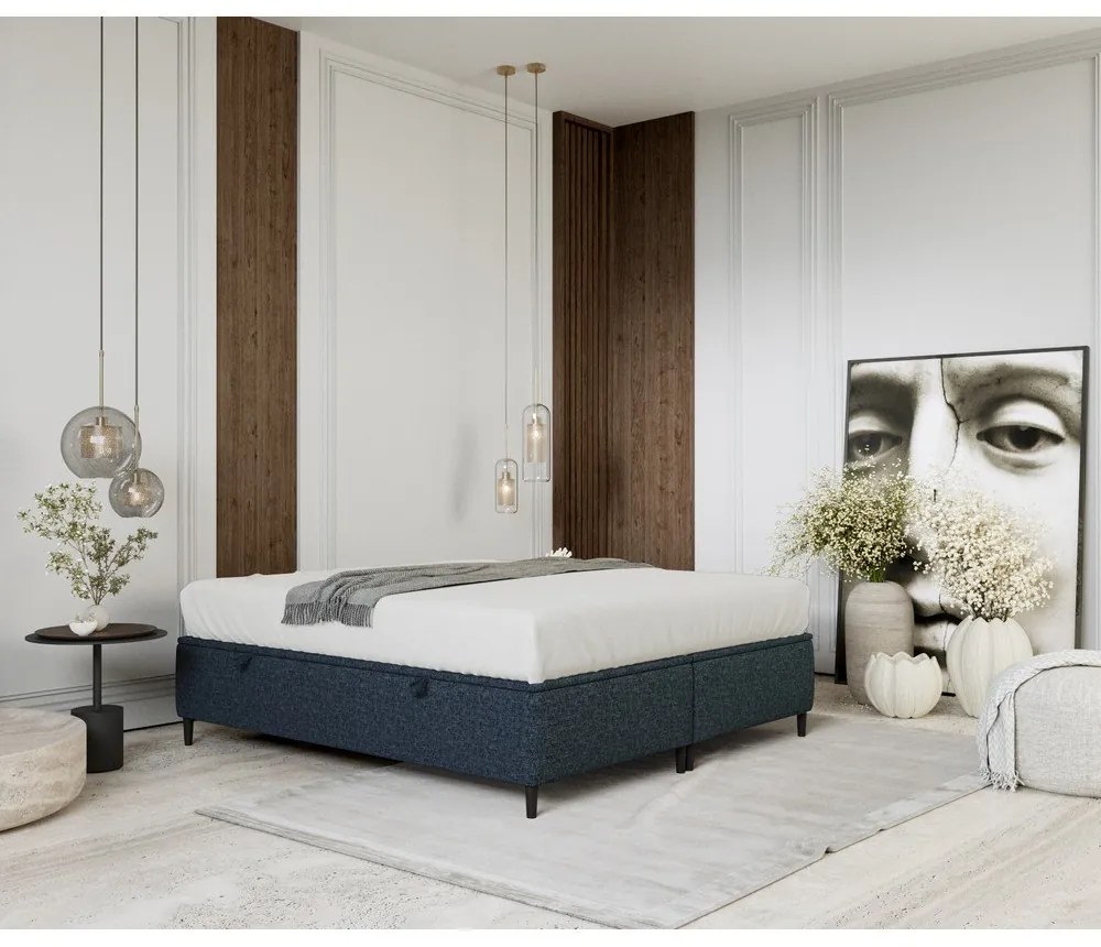 Letto matrimoniale imbottito blu scuro con contenitore 140x200 cm Tate - Maison de Rêve