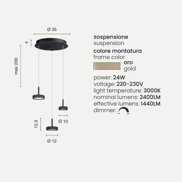 Lampada a sospensione NINA in metallo verniciato 45 cm Oro 3 Luci Led