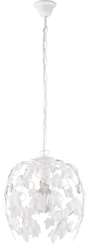 Lampadario Shabby Edera 1 Luce Ferro Battuto Bianco Con Foglie E Cristalli