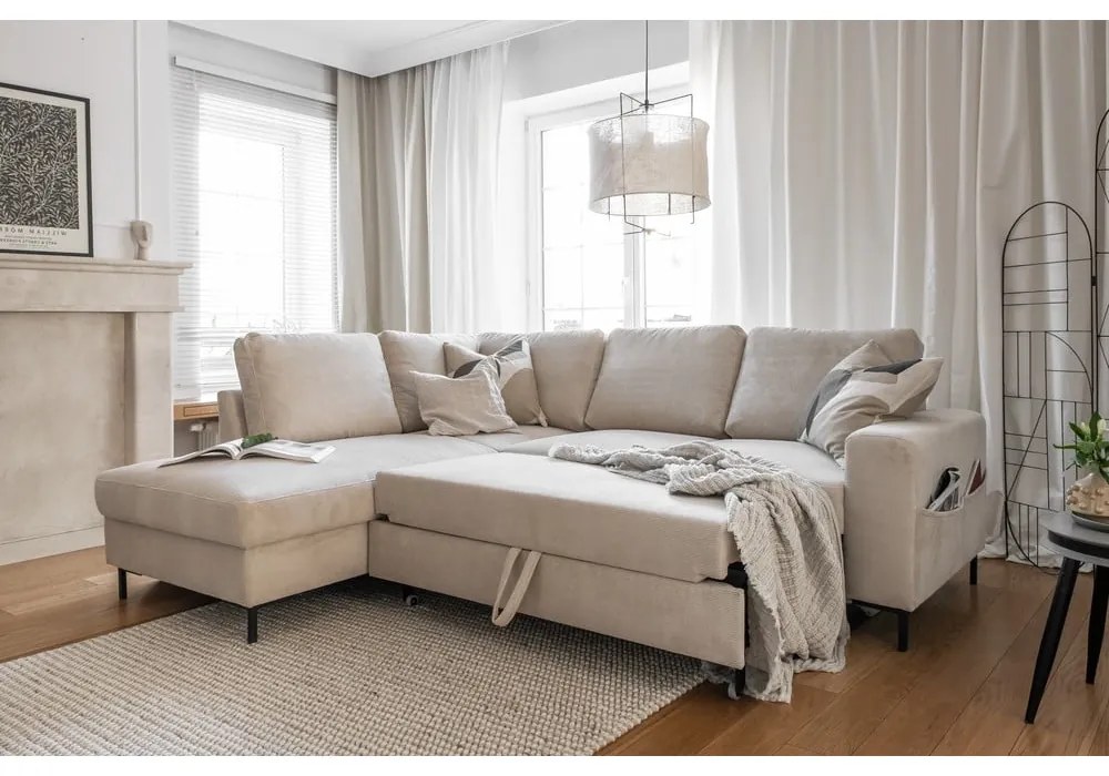 Divano letto in velluto a coste beige (angolo sinistro) Lofty Lilly - Miuform