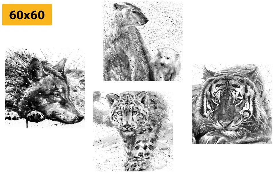 Set di quadri – Animali in versione acquerello in bianco e nero