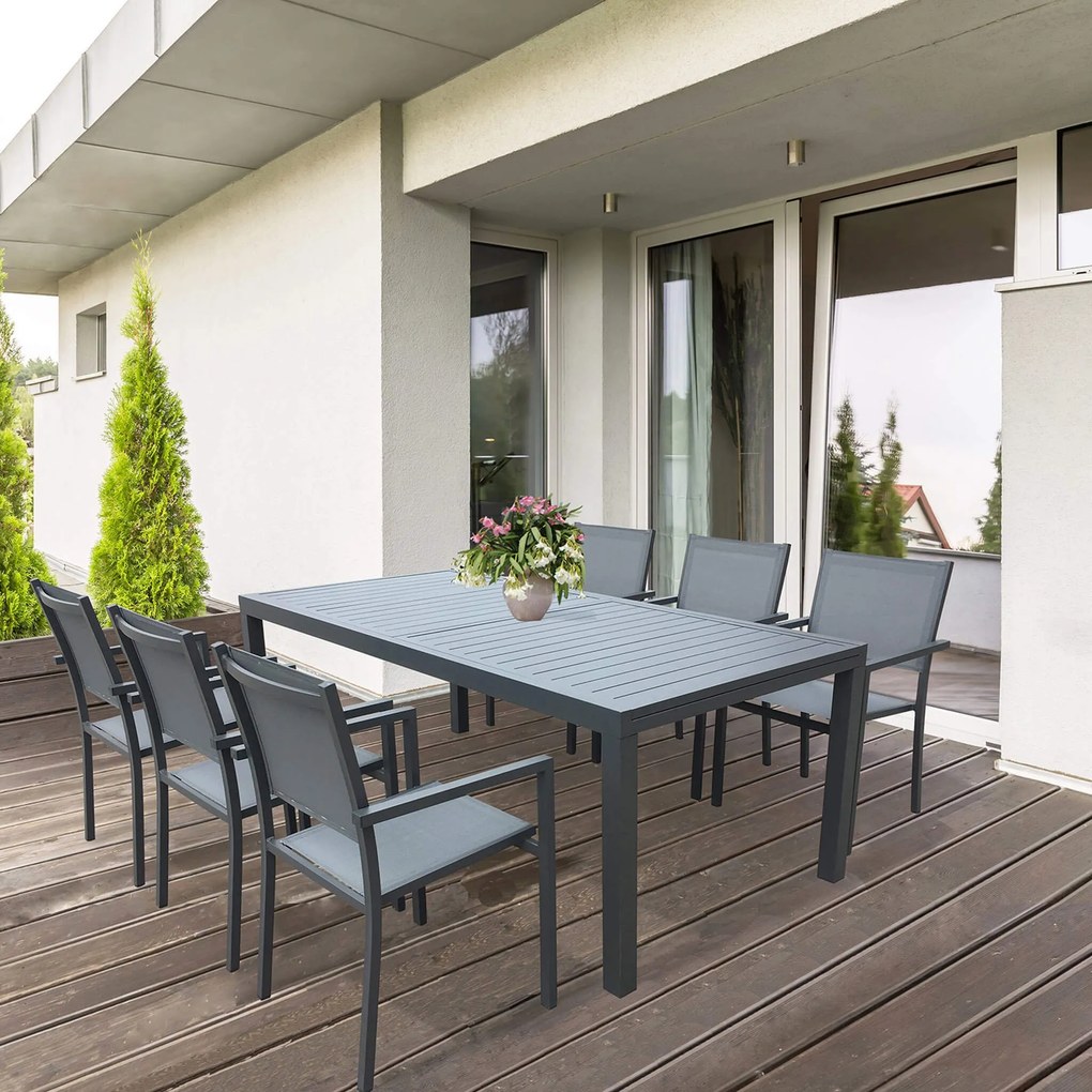 DEXTER - set tavolo in alluminio cm 200/300 x 100 x 74 h con 6 poltrone Venus
