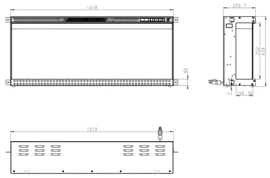 Camino elettrico da parete ad incasso 3 Lati BOSTON100 L101,6 x P20 x H44 cm