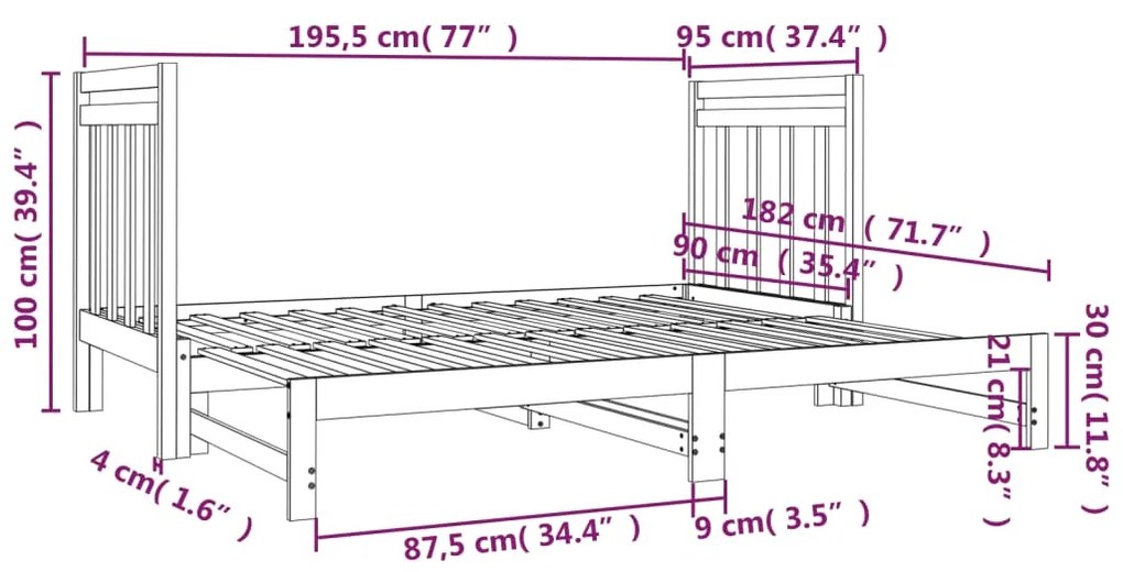 Dormeuse Estraibile 2x(90x190) cm Legno Massello di Pino