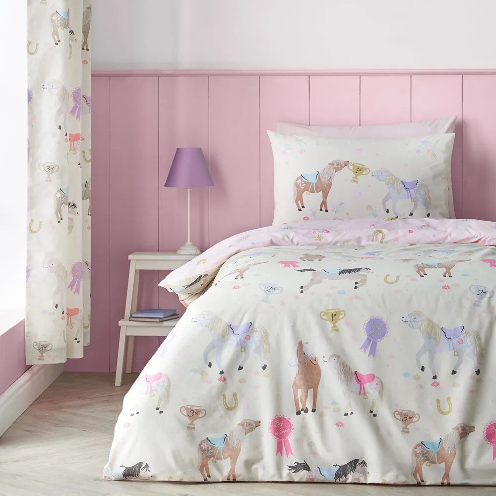 Set copripiumino e federa da bambini rosa/color crema per letto singolo 135x200 cm Happy Horses – Catherine Lansfield