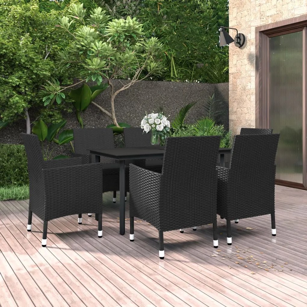 Set da pranzo da giardino 7 pz con cuscini polyrattan e vetro
