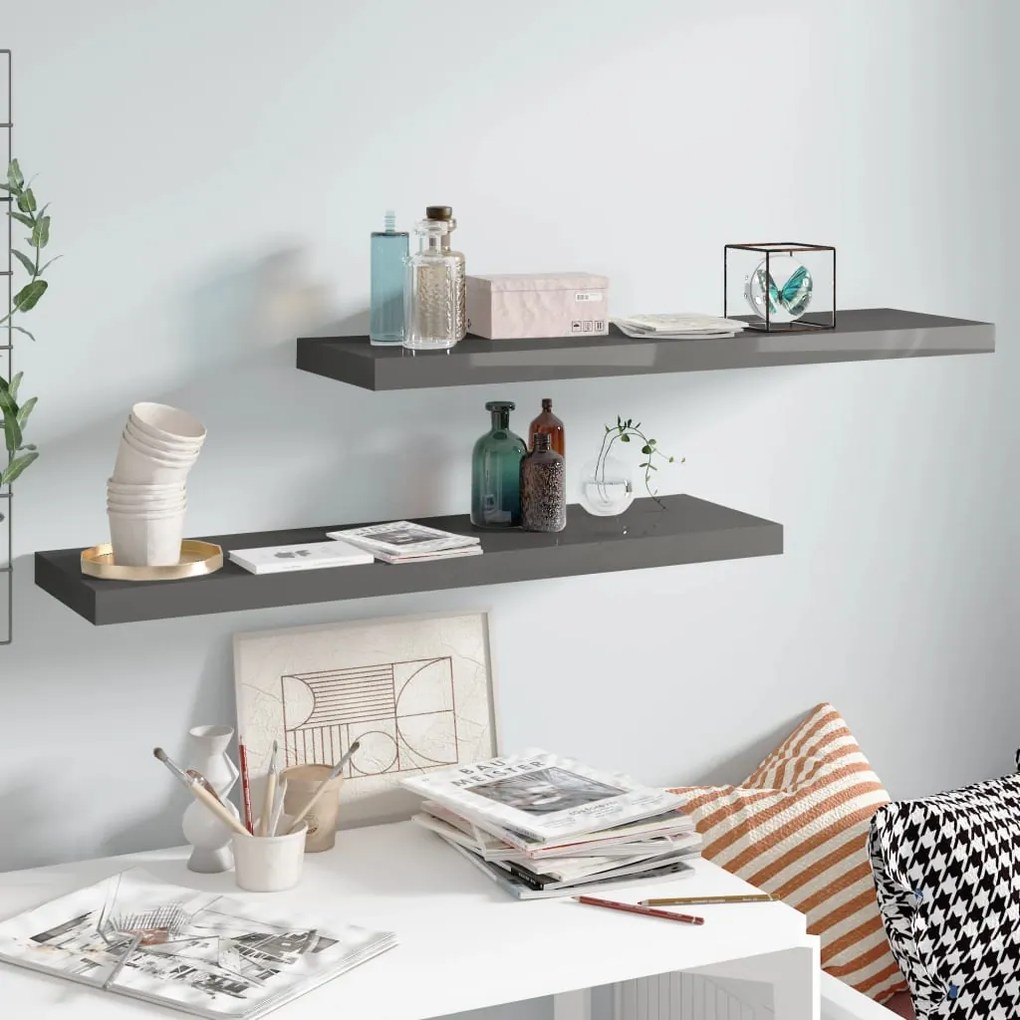 Scaffali A Parete 2 Pz Grigio Lucido 90x23,5x3,8 Cm İn Mdf /