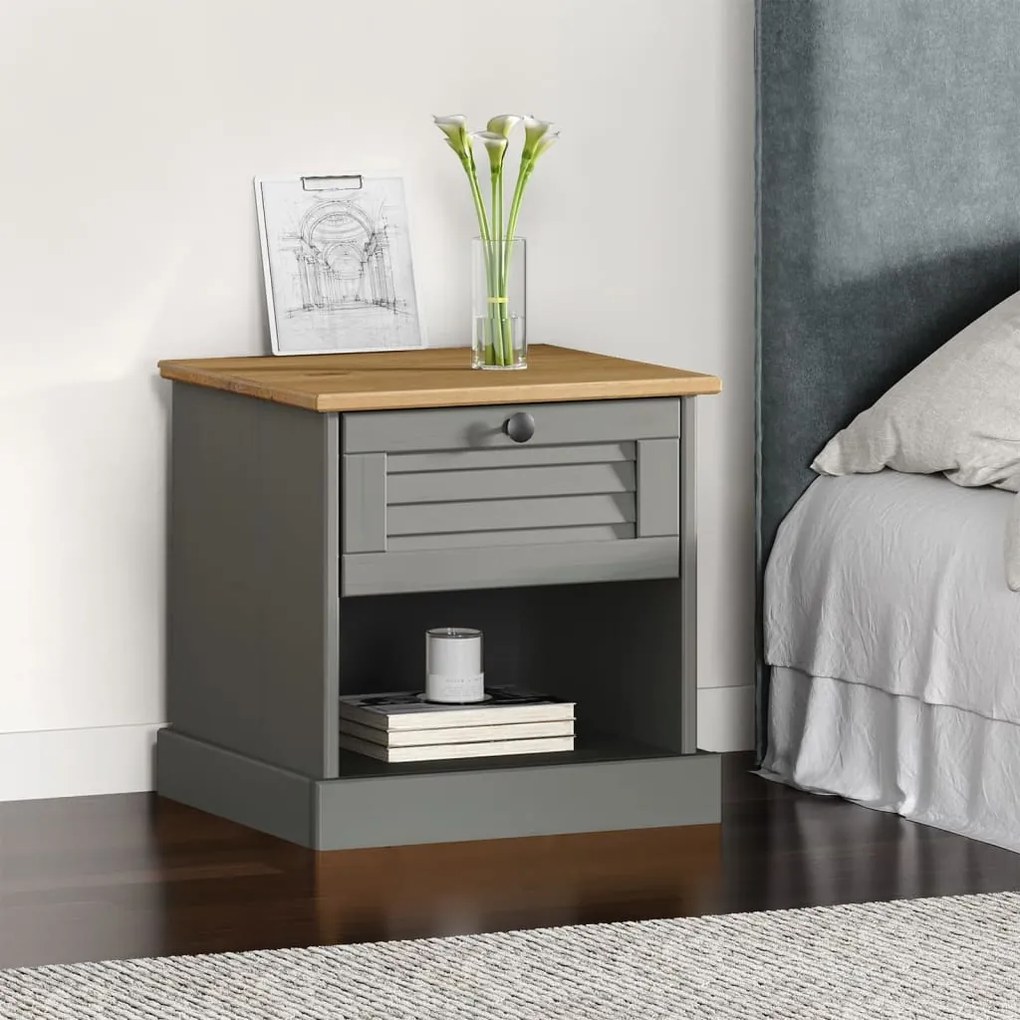 Comodino Vıgo Grigio 42x35x42 Cm İn Legno Massello Di Pino /