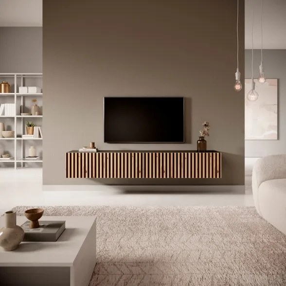 Mobile TV Sospeso Listellato 175 Cm Nero E Rovere Astra