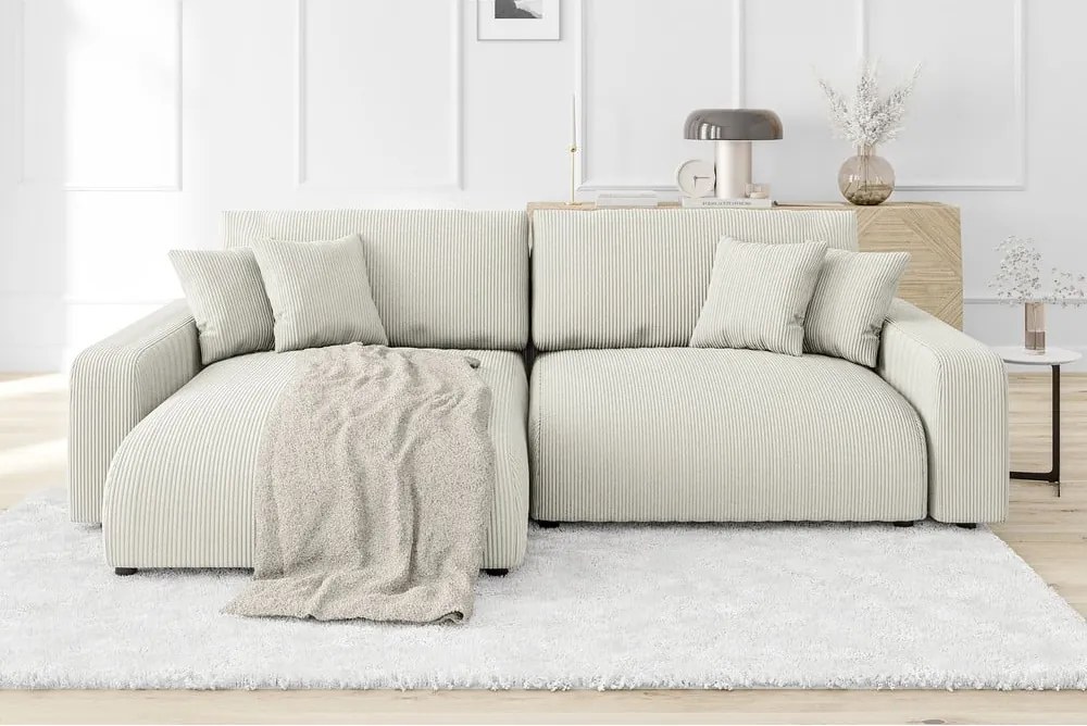 Divano letto angolare in velluto a coste color crema (penisola variabile) Sara - Ropez