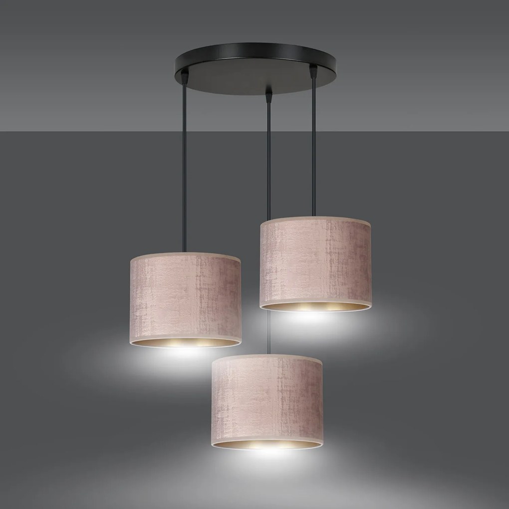 Lampadario Tondo 3 Luci Ganesha In Acciaio Nero E Paralumi In Tessuto Rosa