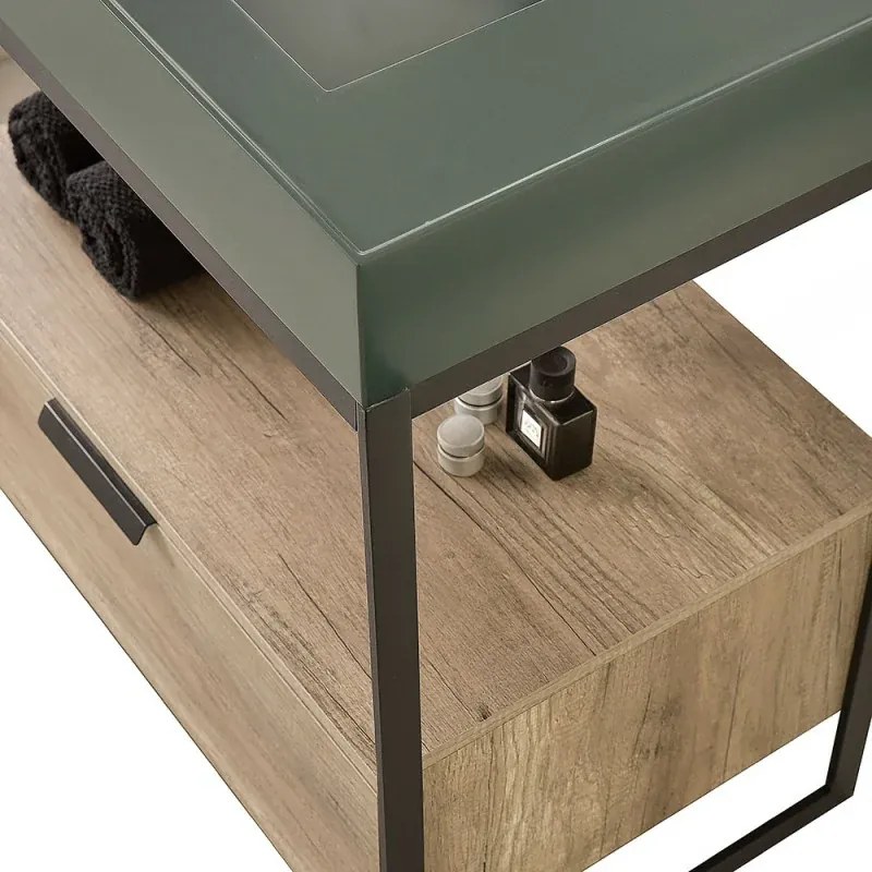 Mobile bagno a terra 75 cm nero con lavabo verde e specchio Kubic