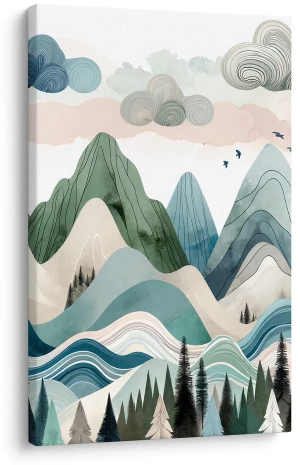 Quadro su tela – Montagne pastello e foresta scura