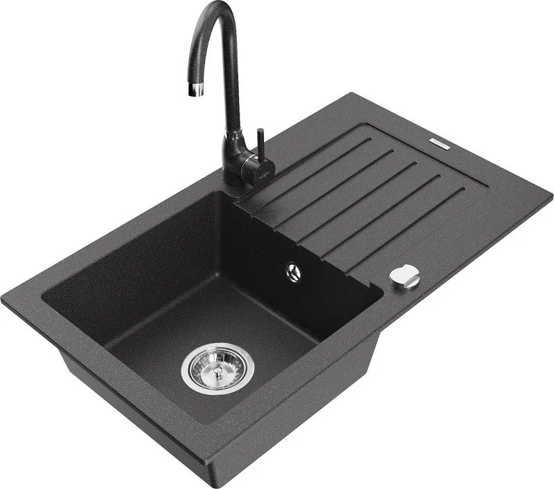 Mexen Pablo lavello da cucina in granito a 1 vasca con sgocciolatoio e rubinetto Telma, nero maculato - 6510-76-670200-76