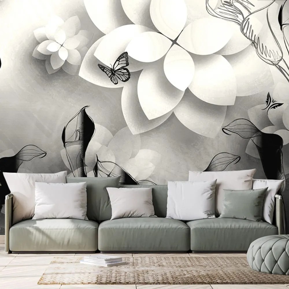 Carta da parati – Fiori astratti in bianco e nero
