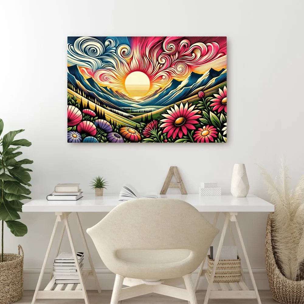 Quadro su tela – Paesaggio luminoso con fiori e sole
