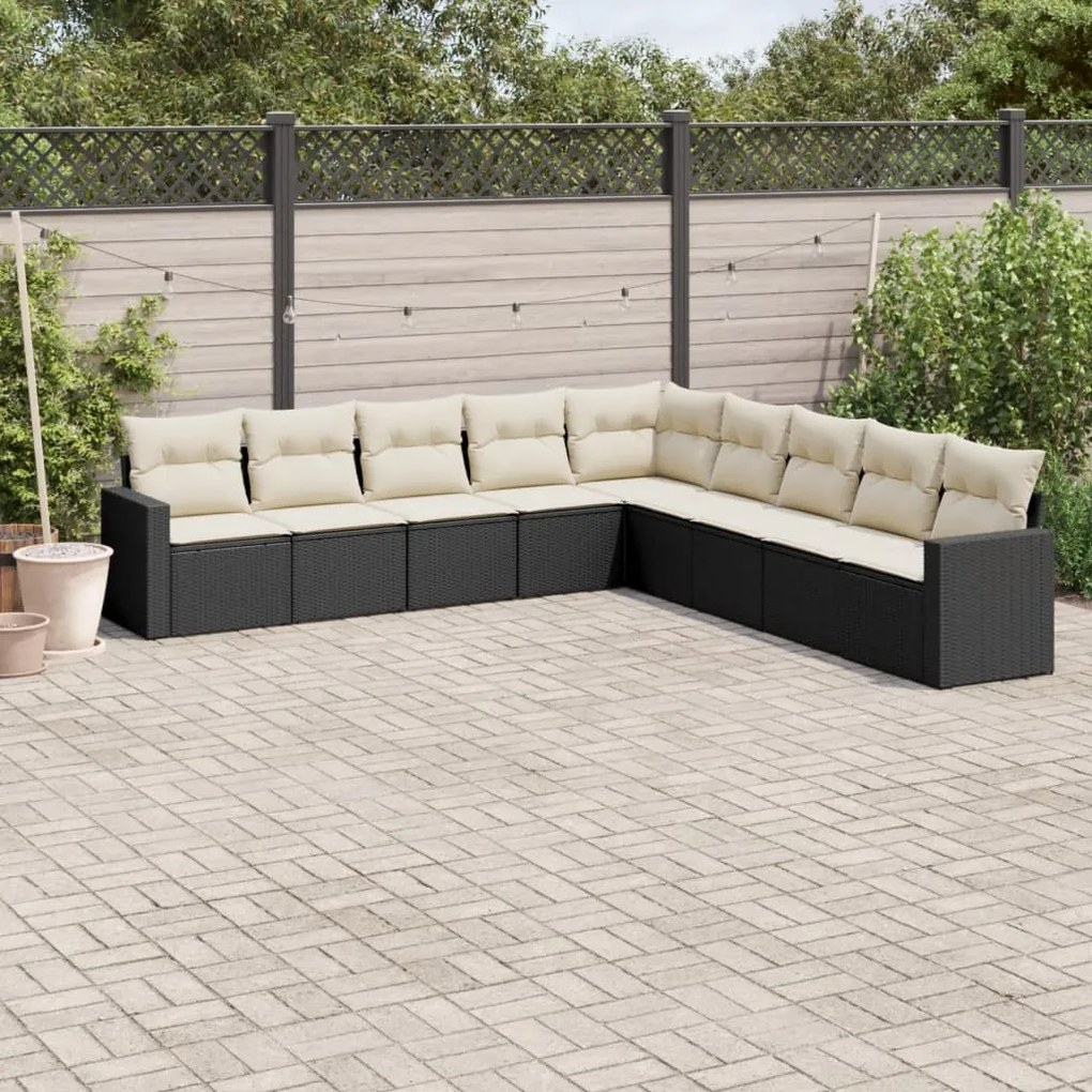 Set divani da giardino 9 pz con cuscini nero in polyrattan