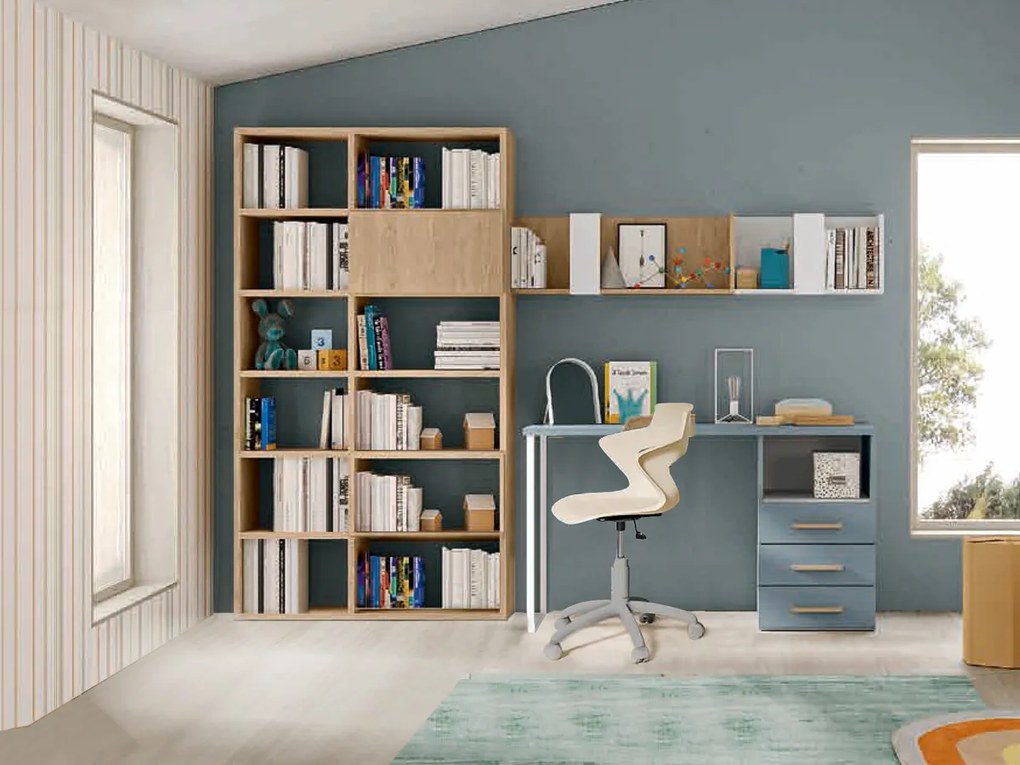 Zona studio moderna camerette, finitura Cemento artico, Rovere oak e Cemento artico