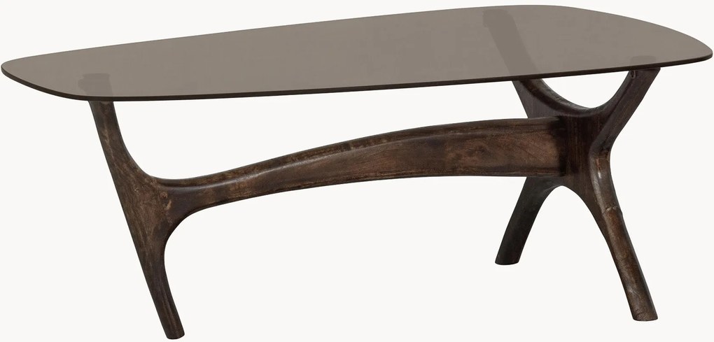 Tavolino da salotto in legno di mango dalla forma organica con piano in vetro Flash