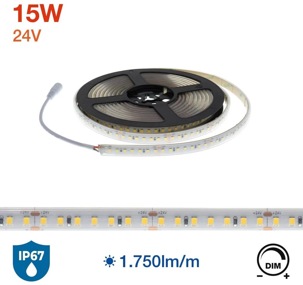 Striscia LED Professional 2835/140 - IP67 - 15W/m - 5m - 24V Colore Bianco Caldo 2.700K