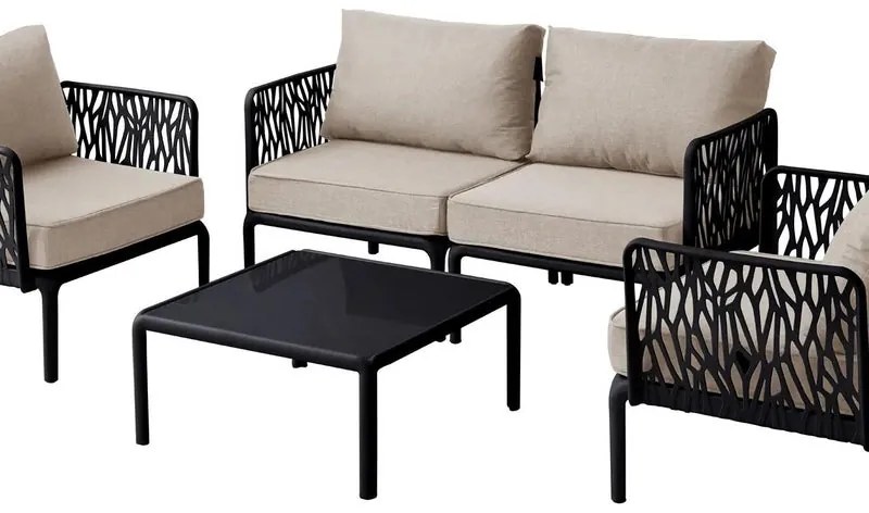 Salotto da giardino CASABLANCA NEW GARDEN nero con cuscini in poliestere grigio per 4 persone