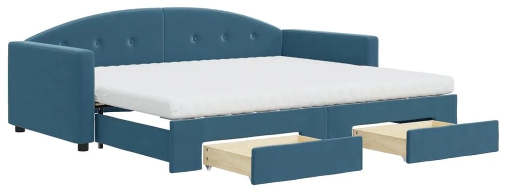 Divano letto estraibile con cassetti blu 90x200 cm in velluto