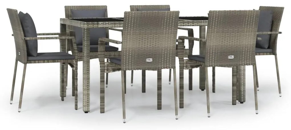 Set da pranzo da giardino 7 pz con cuscini in polyrattan grigio