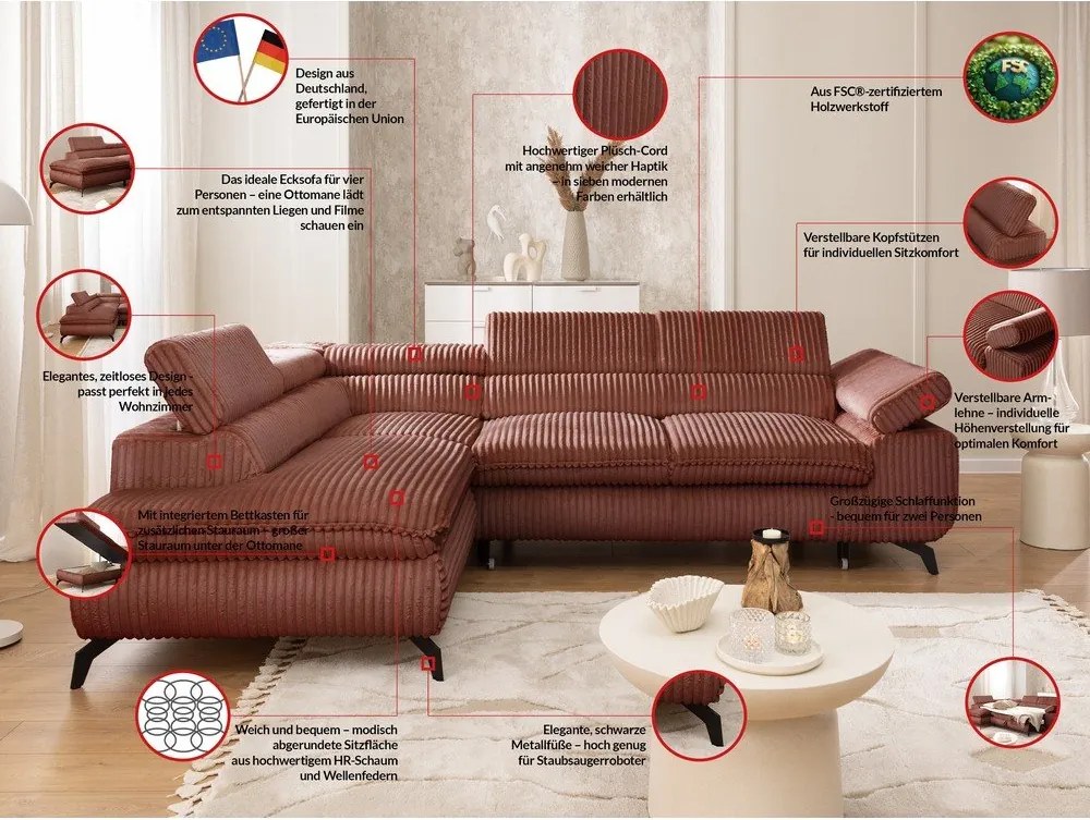 Divano angolare color terracotta (con penisola a sinistra/a L) con rivestimento in velluto a coste Marbeya – Ropez