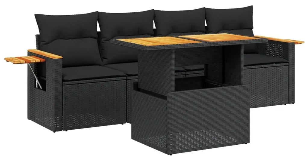 Set divani da giardino 5 pz con cuscini in polyrattan nero