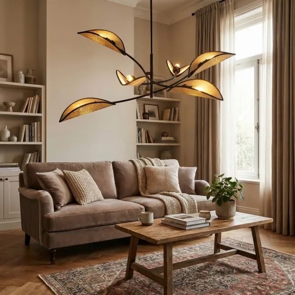 Lampadario a sospensione con supporto rigido LOTUS 6xE14/10W/230V nero/beige