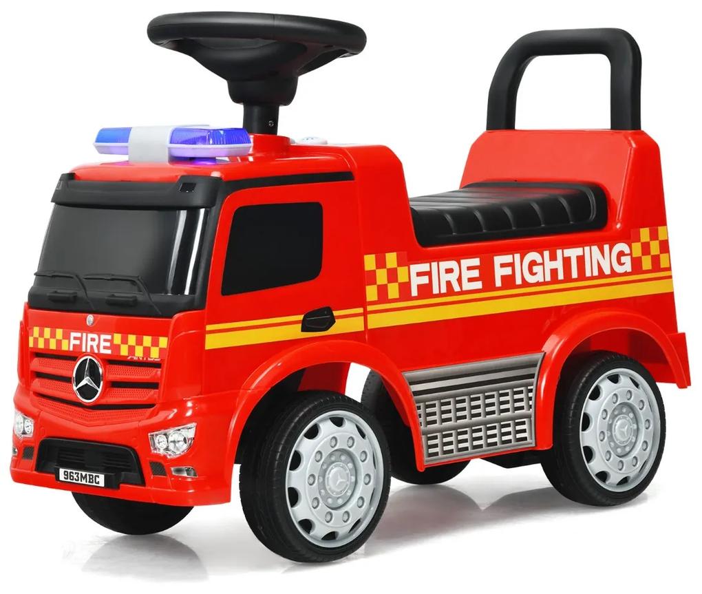 Costway Camion dei pompieri Mercedes Benz per bambini con spazio nascosto, Macchinina a spinta e cavalcabile Rosso