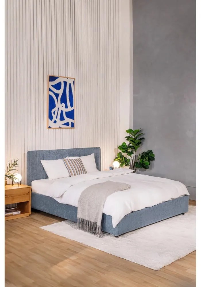 Letto matrimoniale imbottito blu con contenitore e rete inclusi 160x200 cm Myra Slim Line – Bonami Selection