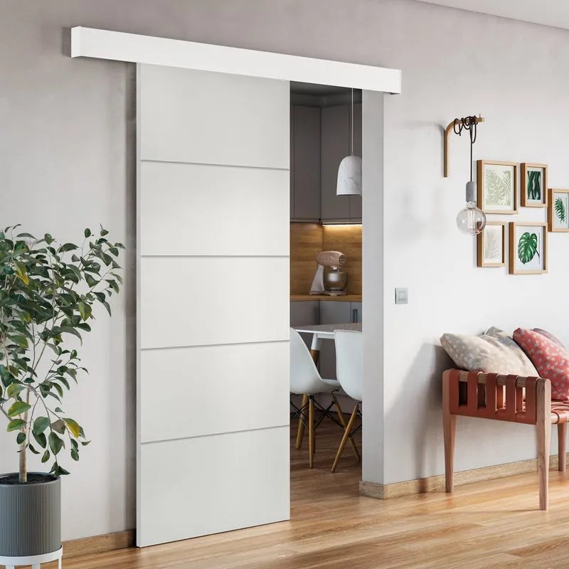 Porta scorrevole Fourlines in mdf bianco, L 93 x H 212 cm, con binario Atelier bianco Reversibile