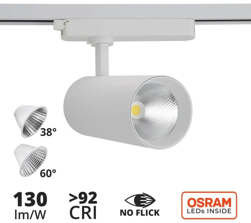 Faro LED 40W, Monofase, 38°/60°, 130LM/W, CRI92, no Flickering Colore  Bianco Caldo 2.700K