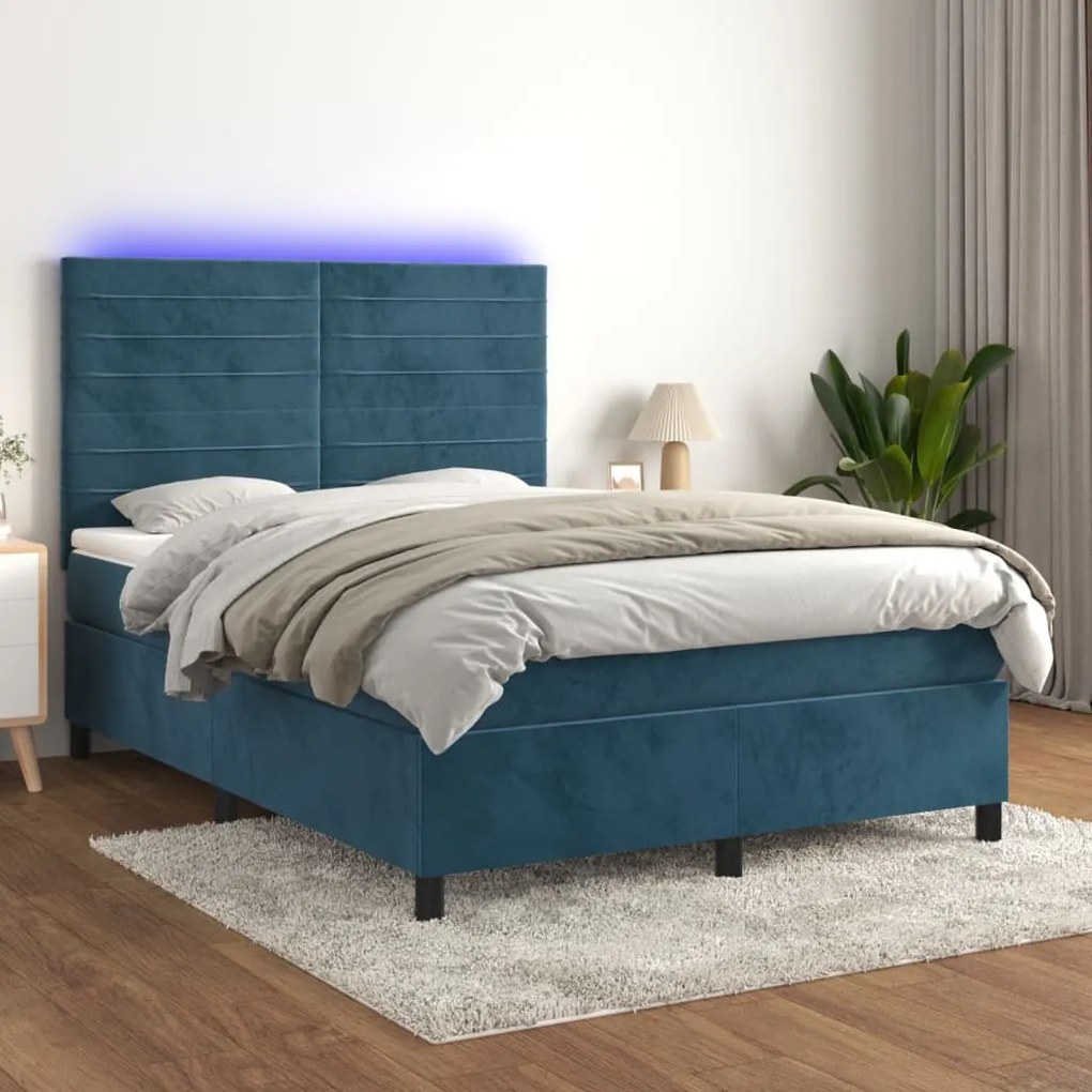 Letto A Molle Con Materasso E Led Blu Scuro 140x200 Cm /