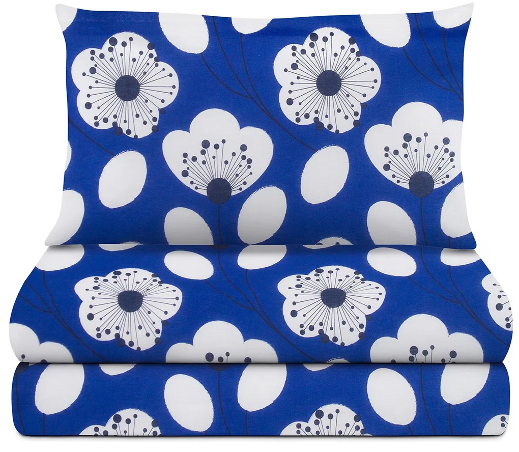 Completo letto singolo blu fiori bianchi