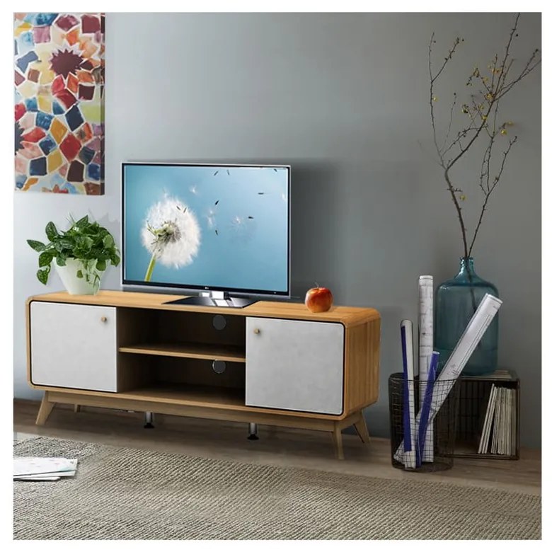 Tavolo TV in rovere decorato in bianco e naturale 140x53 cm Caitlin - Støraa