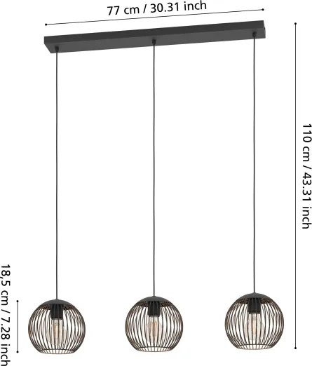 Eglo 901869 - Lampadario a cavo ALMANZORA 3xE27/60W/230V nero