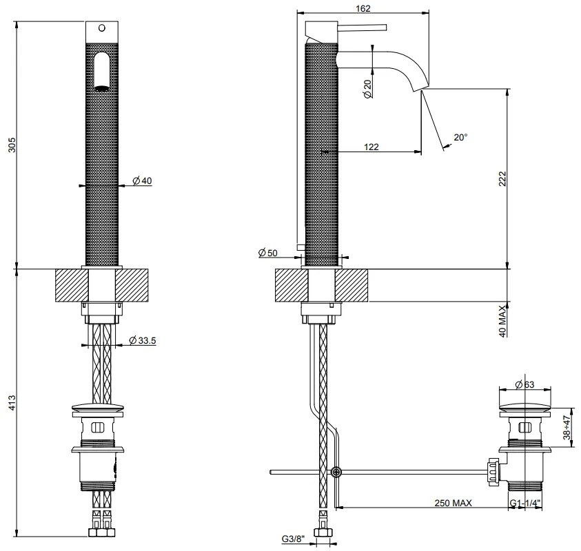 Miscelatore lavabo alto bocca corta per ciotola con scarico steel brushed cesello 54404 gessi