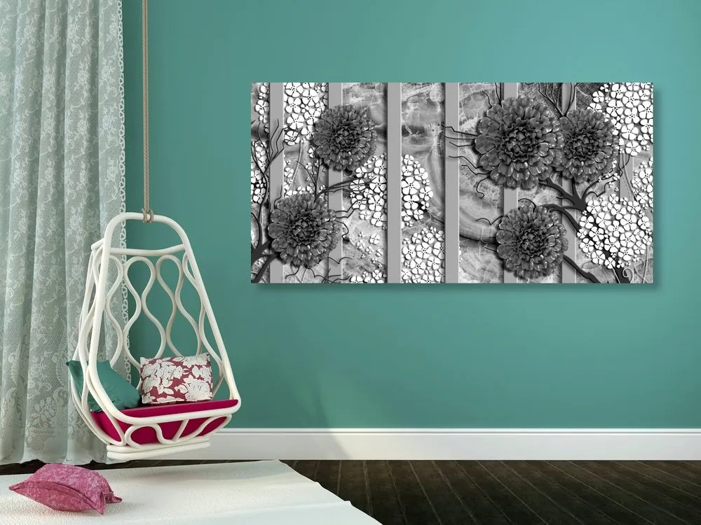 Quadro su tela – Fiori astratti su sfondo di marmo in bianco e nero