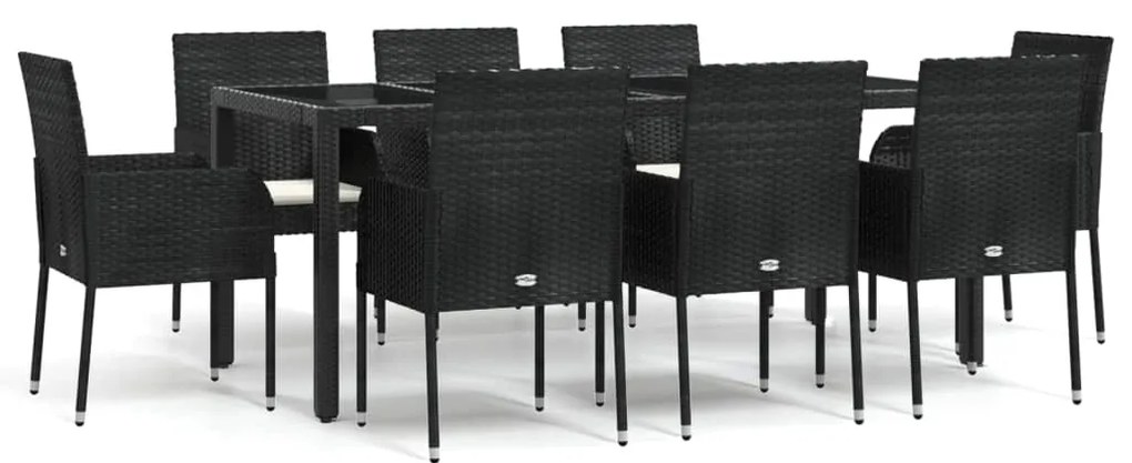 Set da pranzo da giardino 9 pz con cuscini nero in polyrattan