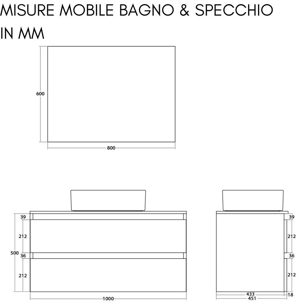 Mobile Bagno Sospeso con Lavabo da Appoggio e Specchio 2 Cassetti Salvaspazio in Legno cm 100 – Noce Canaletto