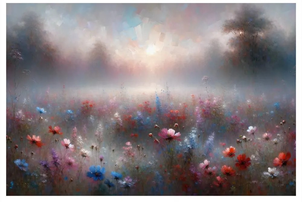 Quadro su tela – Prato nebbioso con fiori