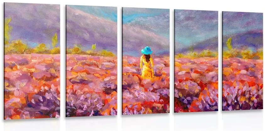Quadri 5 pezzi – Ragazza in abito giallo nel campo di lavanda