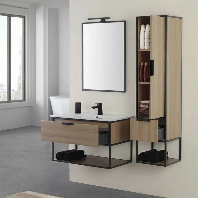 Mobile bagno sospeso 80 cm industrial nero e legno con pensile Baketo