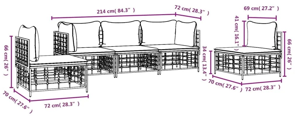 Set Divani da Giardino 5 pz con Cuscini Antracite in Polyrattan