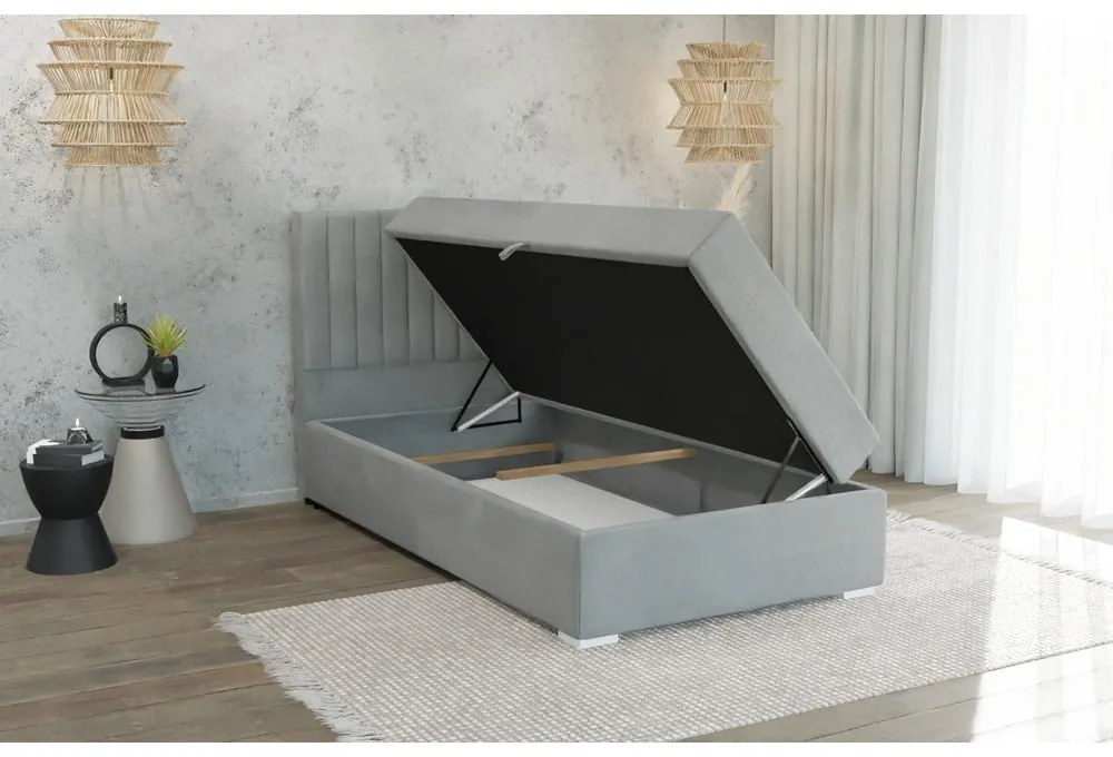Letto singolo imbottito con contenitore grigio chiaro con materasso e topper inclusi 80x200 cm Bunny – Ropez